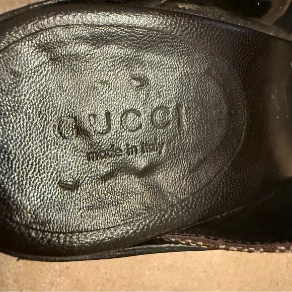 Gucci Black and Brown Mules with Gold Accents